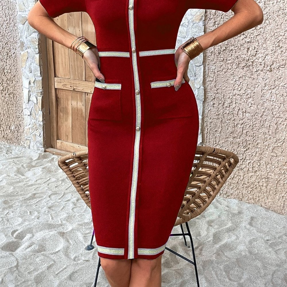 Red Preppy womens Knit Mix Contrast Trim Button Detail Bodycon Sweater Dress - Picture 5 of 5